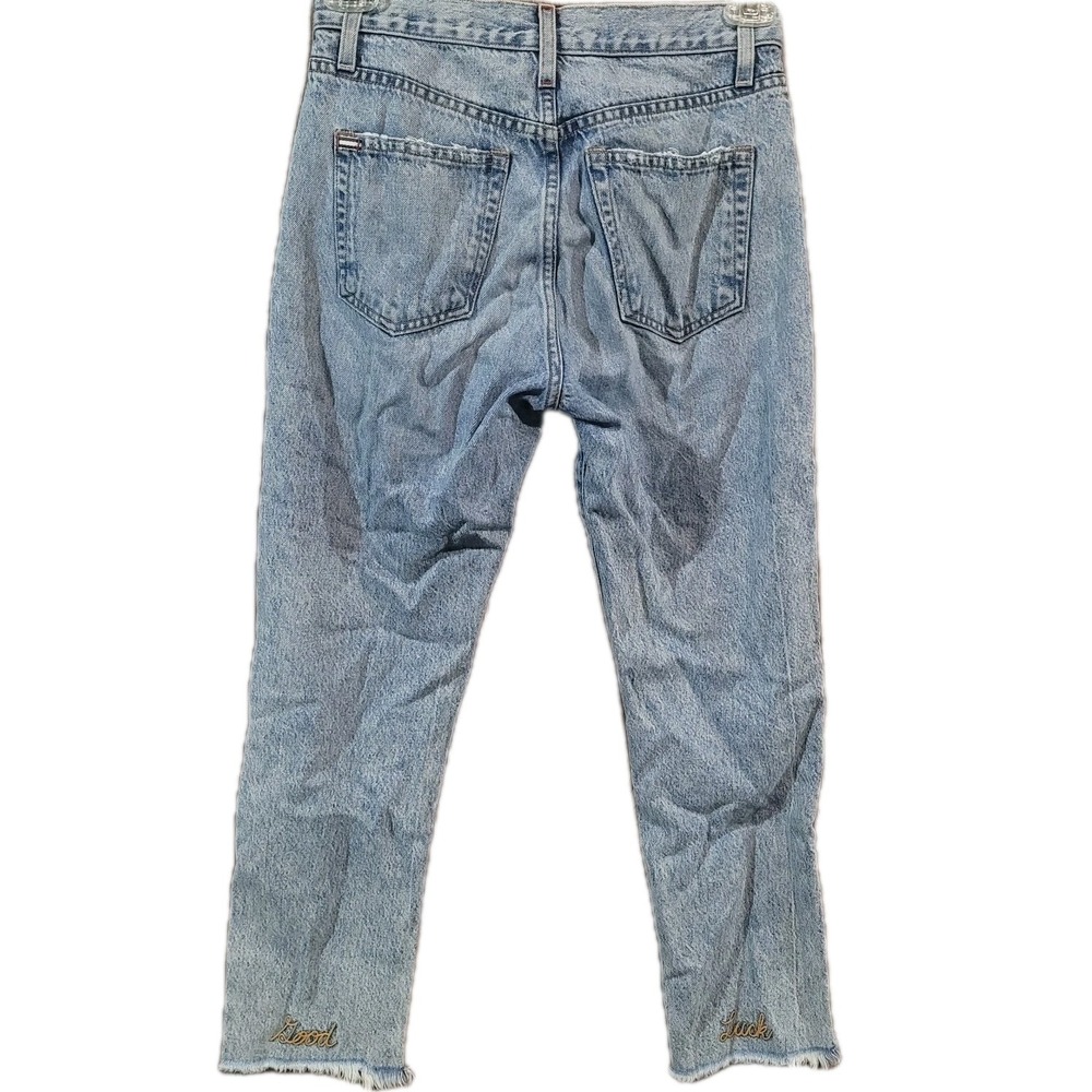 AO.LA Amazing Slim Girlfriend Jeans 27 x 24 Embroidered Fray Hem Button Fly